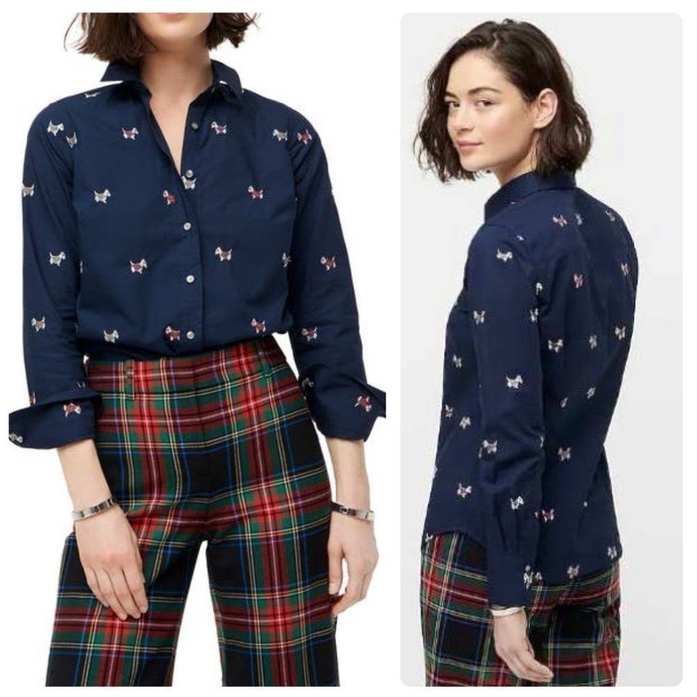 J Crew AF385 slim fit  Woman's 8
Navy Perfect Shirt w/Embroidered
Scottie Dogs
